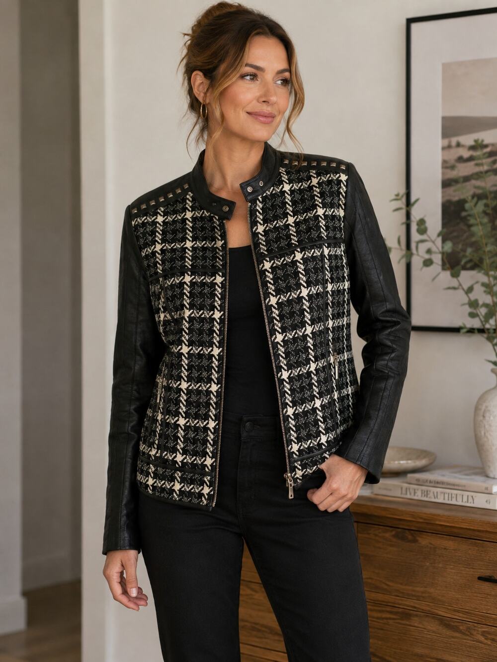 Alberto Makali Houndstooth Jacket Zip-Up Studded Jacket Womens L Wool Bomber